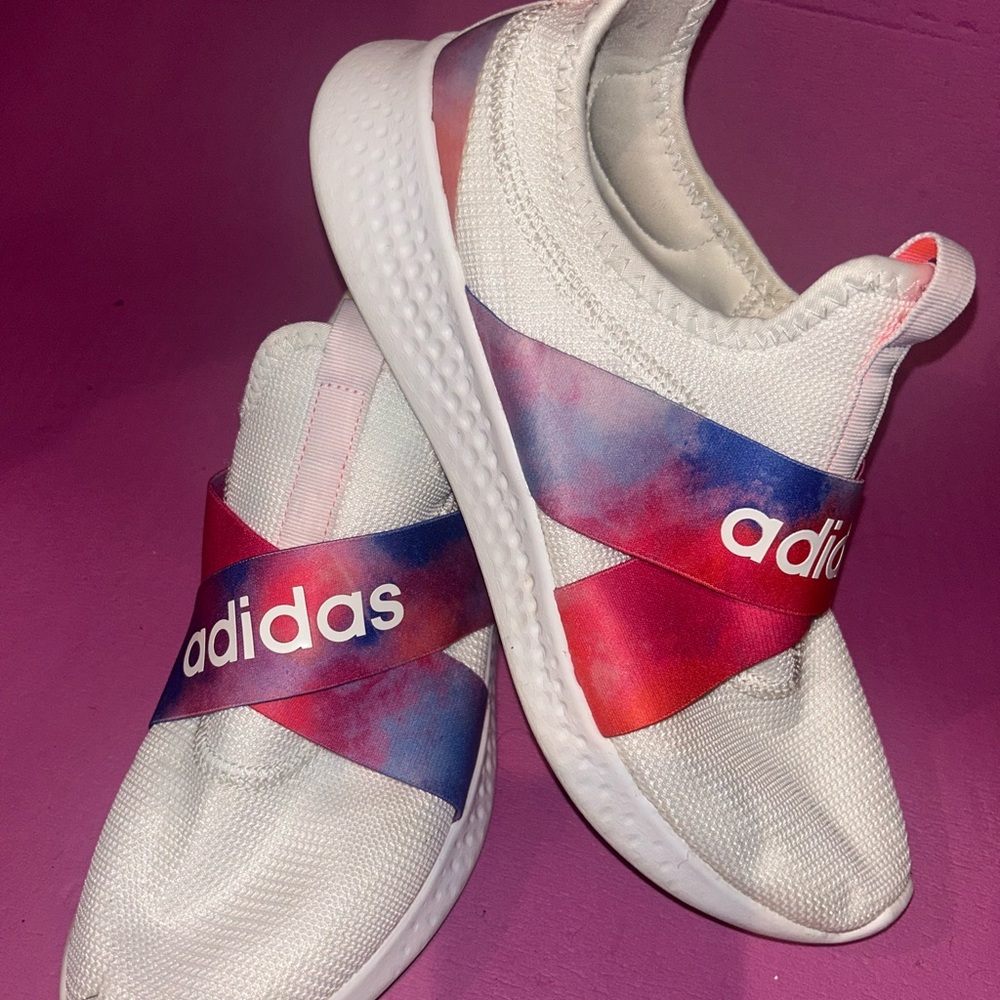 Adidas White slip on Sneakers with pink and purple strap women size 8.5
